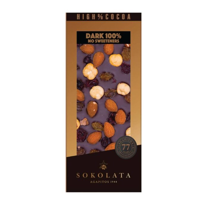 Agapitos 100% Dark Chocolate Nut-Fruit-Raisins & Cranberries 100gr - Image 1