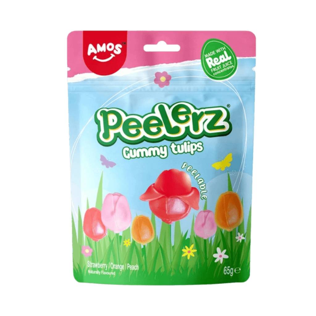 Amos Assorted Fruit Tulips Shaped Peelable Gummy 65gr Amos Assorted Fruit Tulips Shaped Peelable Gummy 65gr - Image 1